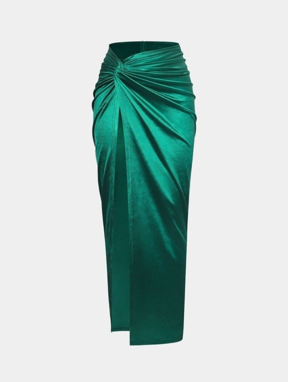 Twisted Front Emerald Green Satin Pencil Skirt